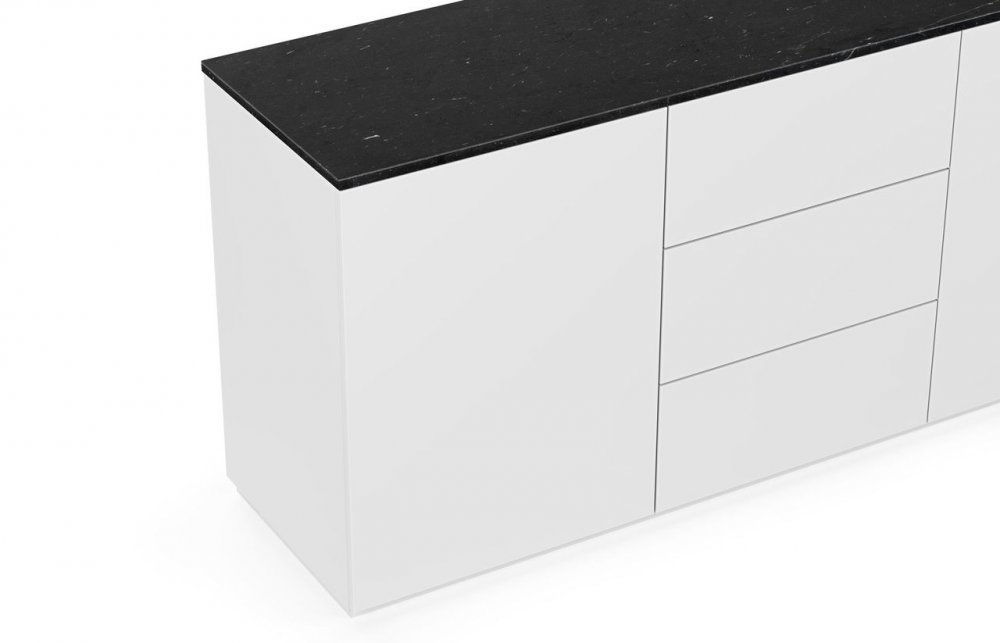 Buffet WHITY 2 blanc mat 180cm 2 portes/3 tiroirs Plateau en Marbre noir